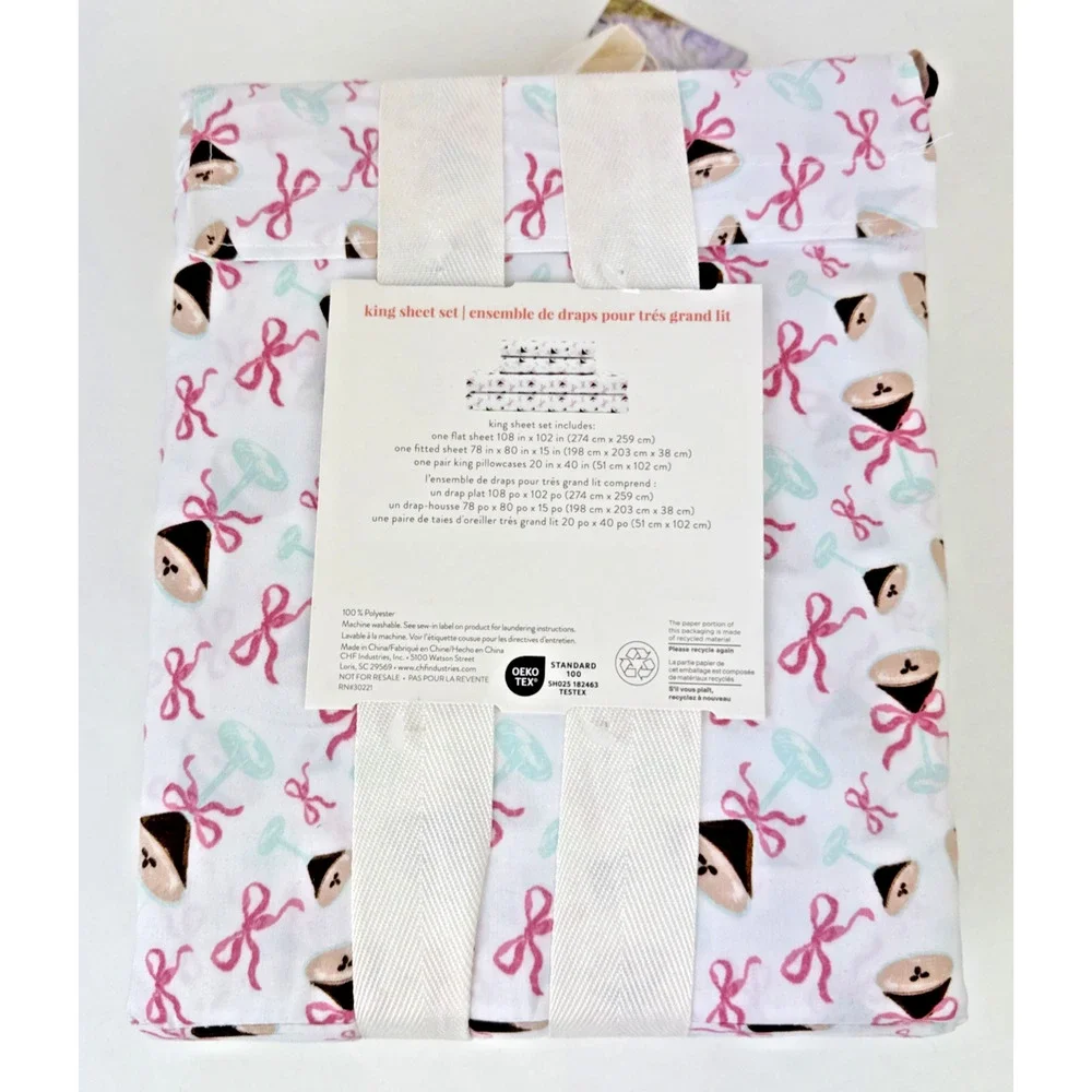 Peri Home espresso martini king 4pc Sheet Set White Pink Ribbon soft new